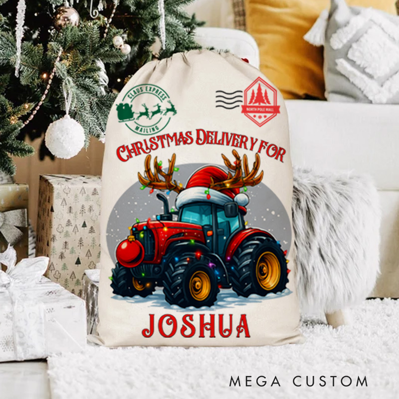 Personalized Festive Tractor Christmas Bag with Reindeer Antlers and Name for a Joyful Holiday Delivery