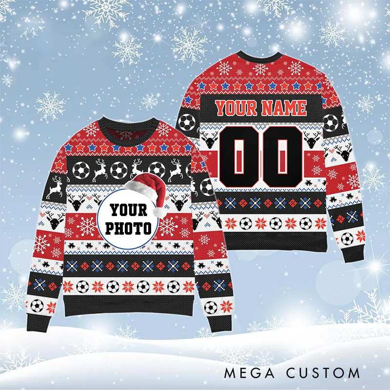 Personalized Christmas Ugly Sweater with Custom Name Number and Soccer Themed Photo Design