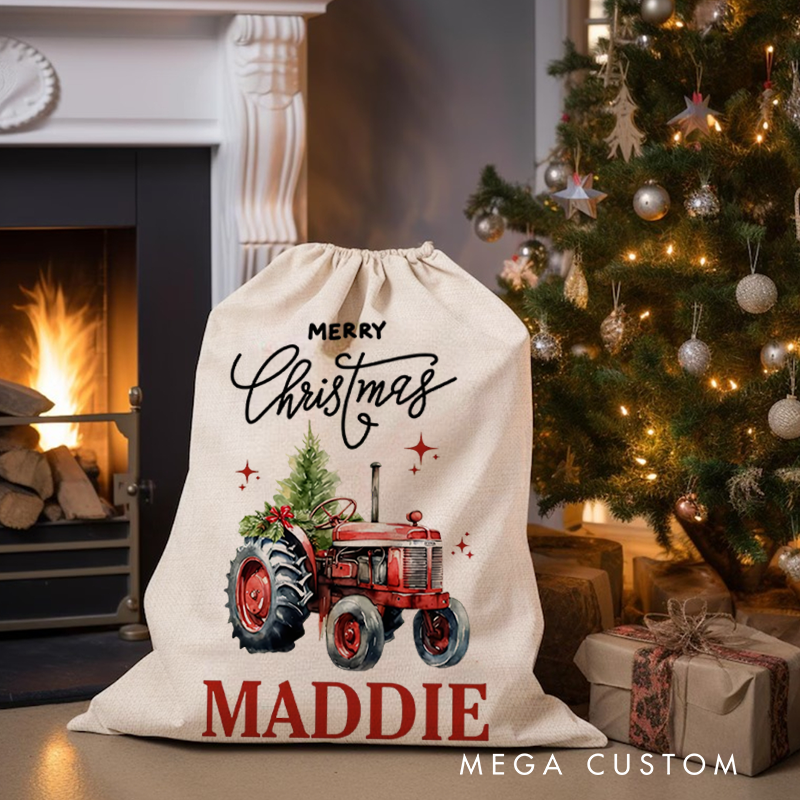 Personalized Merry Christmas Truck Drawstring Canvas Gift Bag with Name Christmas Party Gift for Kids Family