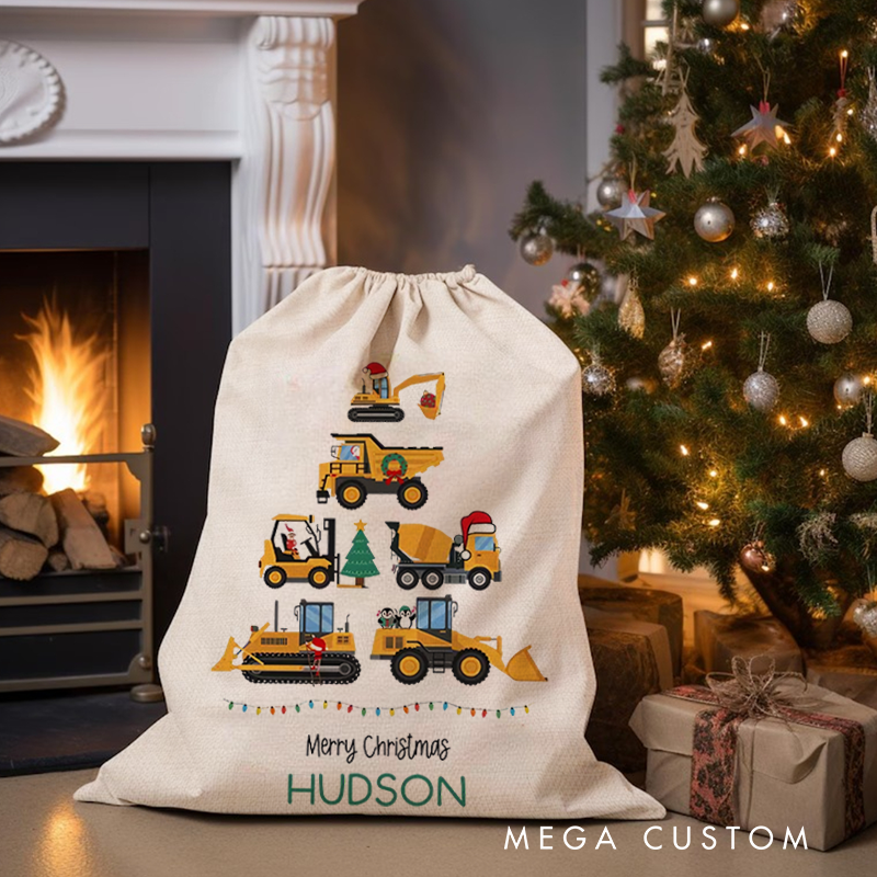 Personalized Merry Christmas Tractor Drawstring Canvas Gift Bag with Name Christmas Party Gift for Kids Family