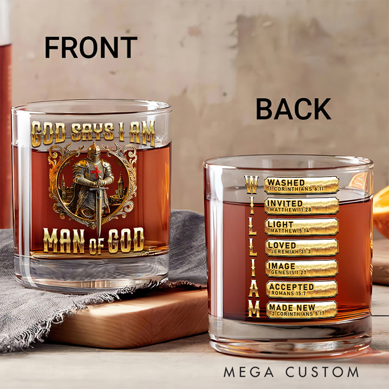 Personalized God Says I am Man of God10.5 oz Old Fashioned Rock Whiskey Glass with Name and Bible Verse Religious Christian Gift for Men