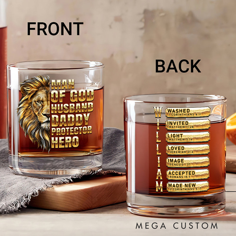 Personalized Man of God Lion Protector Hero 10.5 oz Old Fashioned Rock Whiskey Glass with Name and Bible Verse Religious Gift for Men Husband Daddy