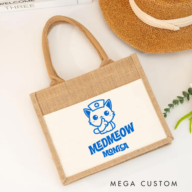 Personalised Nurse Burlap Tote Bag MedMeow Nurse Cat Design Perfect Gift for Yourself or a Loved One