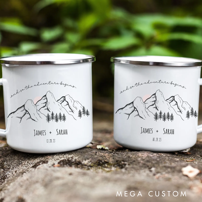 Personalized Custom Enamel Camp Mugs Couple Adventure Mountain Mugs Anniversary Gift for Outdoor Enthusiasts
