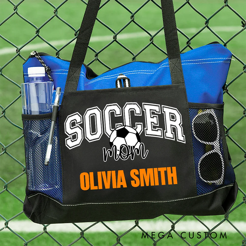 Personalized Sports Mom Tote Bag with Custom Name and Number Design