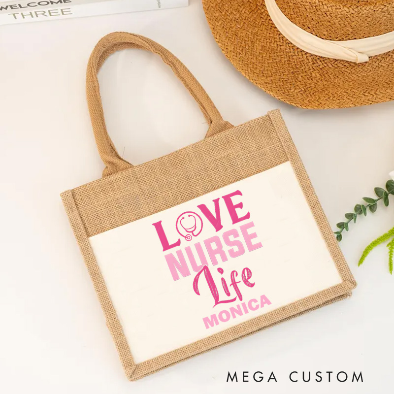 Personalised Nurse Burlap Tote Bag Love Nurse Life Design Perfect Gift for Yourself or a Loved One