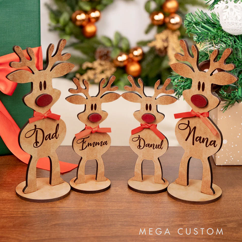 Personalisiertes Holz-Rentier mit Roter Nase und Schleife Tischdeko mit Namen Weihnachtsdeko Party Weihnachtsgeschenk für Familie Kinder