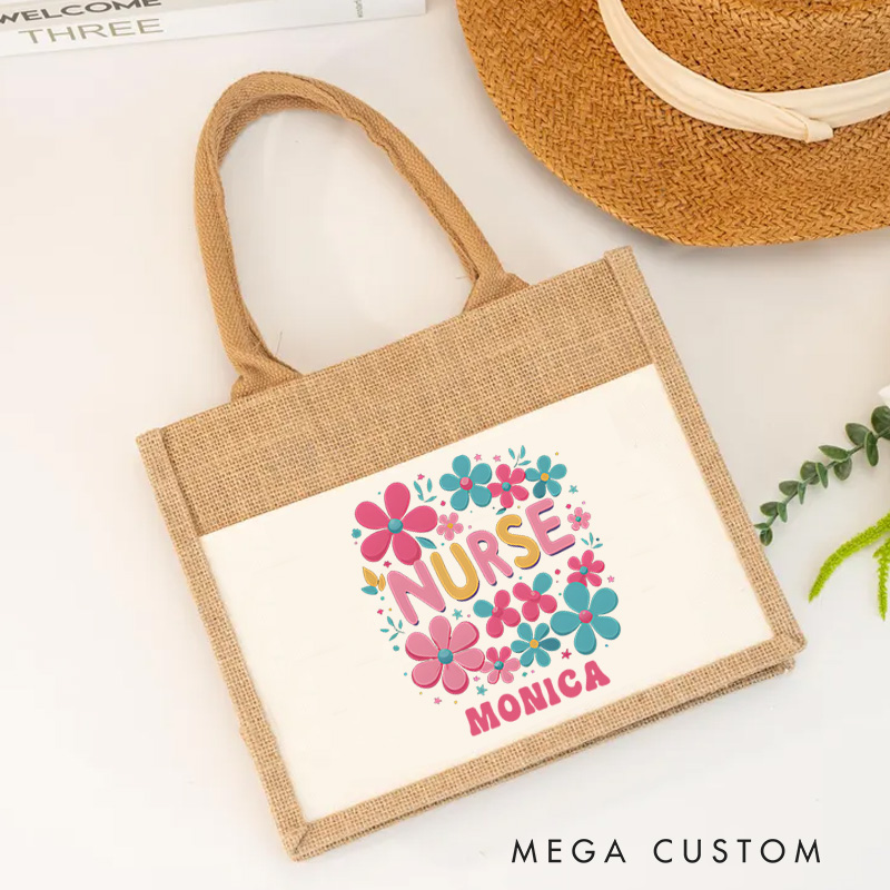 Personalised Nurse Burlap Tote Bag Floral Nurse Tribute Design Perfect Gift for Yourself or a Loved One