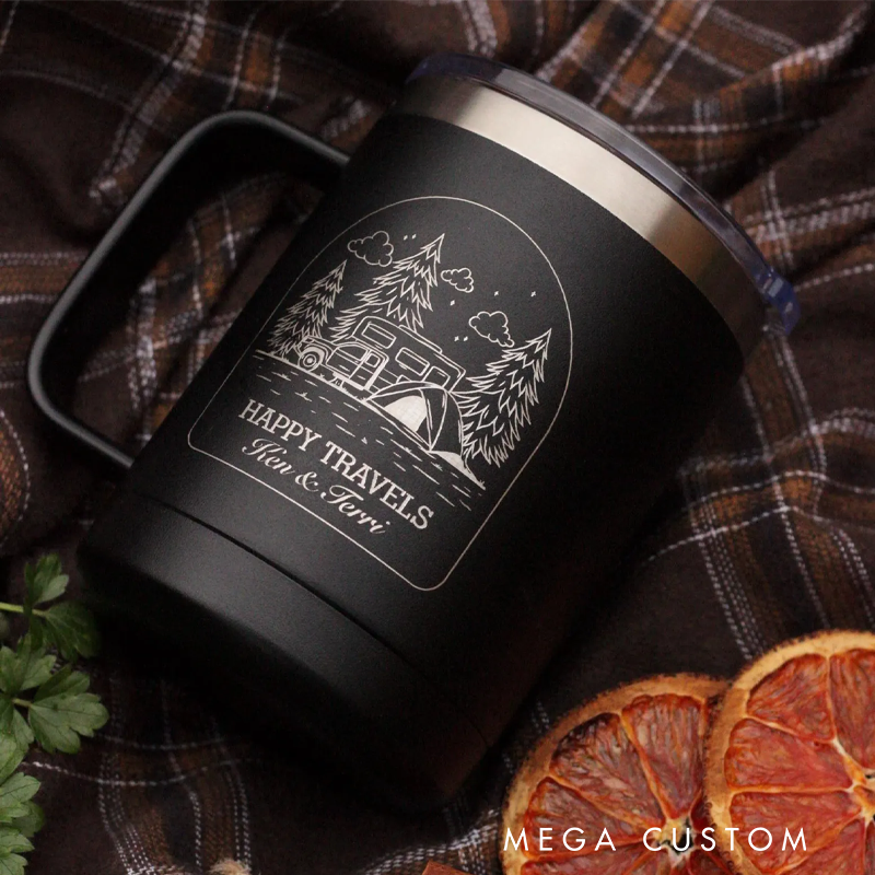 Personalized Happy Travels Camp Mug Custom Travel Coffee Mug for Family Trips Happy Camper Cup Adventure Is Calling Couple Gift
