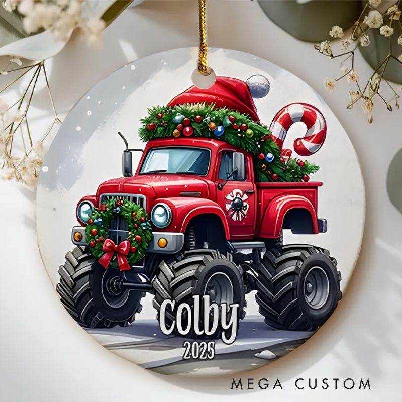 Personalized Monster Truck Christmas Ornament with Festive Decorations and Customizable Colors for Holiday Cheer
