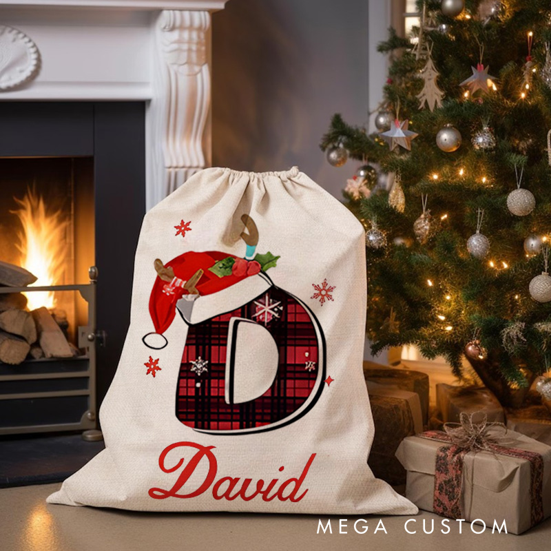 Personalized Plaid Initial Christmas Bag with Festive Santa Hat and Custom Name for Holiday Gift Giving