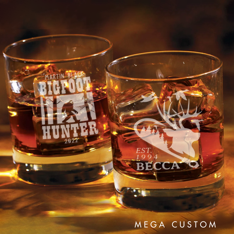 Personalized Whiskey Glasses Monogram Glasses Custom Hunter Lover Whiskey Glass for Him Hunter Hiking Gifts