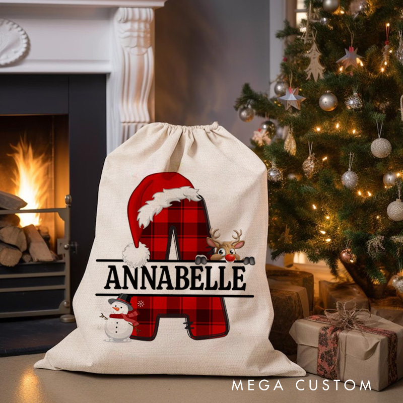 Personalized Plaid Initial Christmas Bag with Santa Hat Reindeer and Snowman Accents for Holiday Joy
