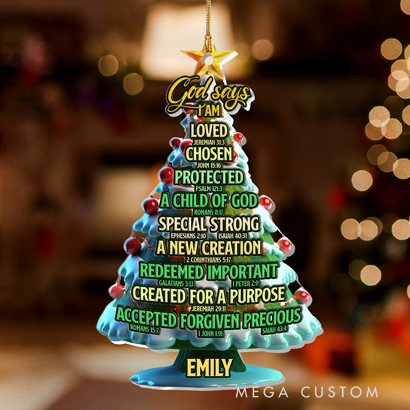 Personalized God Says I am Bible Verses Christmas Tree Acrylic Ornament with Name Holiday Tree Decor Christmas Gift for Christian