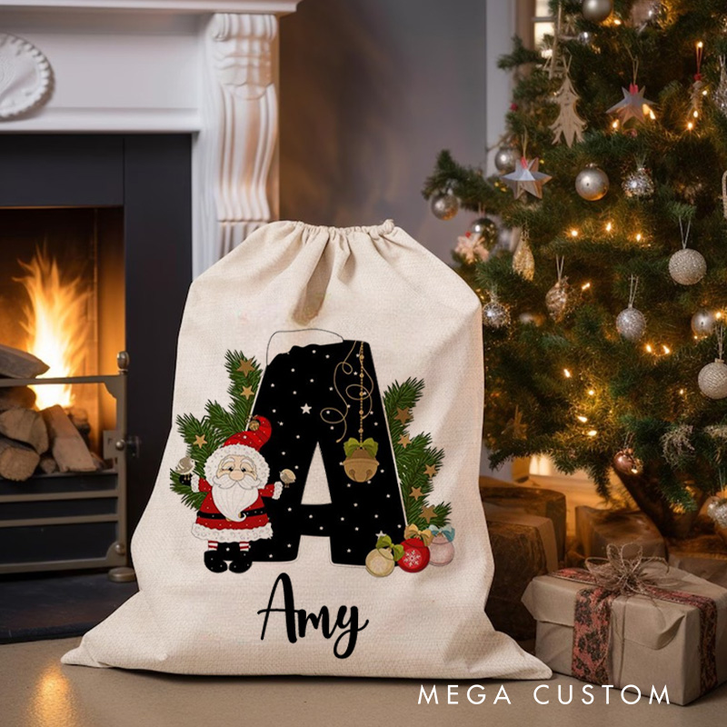 Personalized Elegant Initial Christmas Bag with Festive Decorations and Custom Name for Holiday Gift Giving