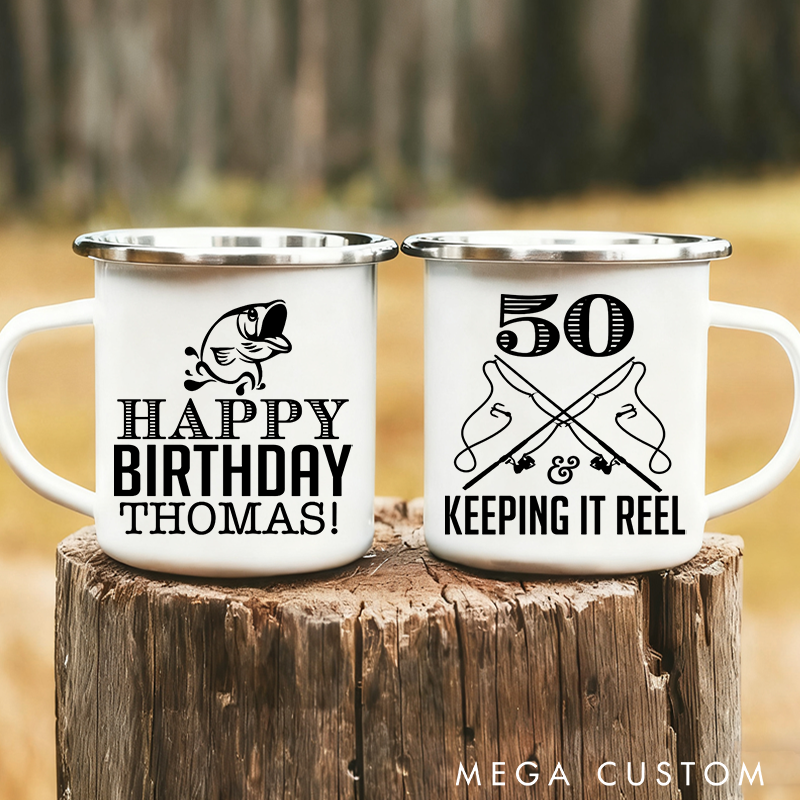Personalized Fishing Enamel Mug Party Favor Cups Fisherman Birthday Fishing Birthday Party Favor Cups Funny Birthday Cups
