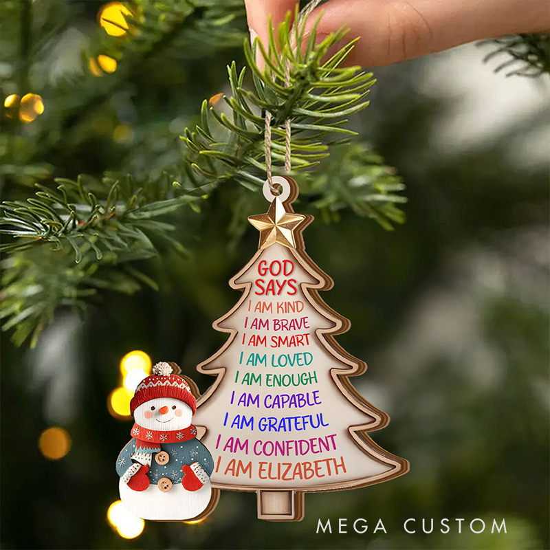 Personalized God Says I am Snowman Christmas Tree Ornament with Name 2-Layered Wooden Family Hanging Decoration Christian Gift for Christmas