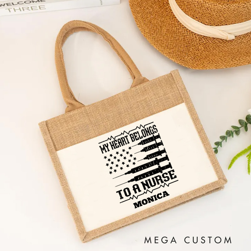 Personalised Nurse Burlap Tote Bag My Heart Belongs to a Nurse Design Perfect Gift for Yourself or a Loved One