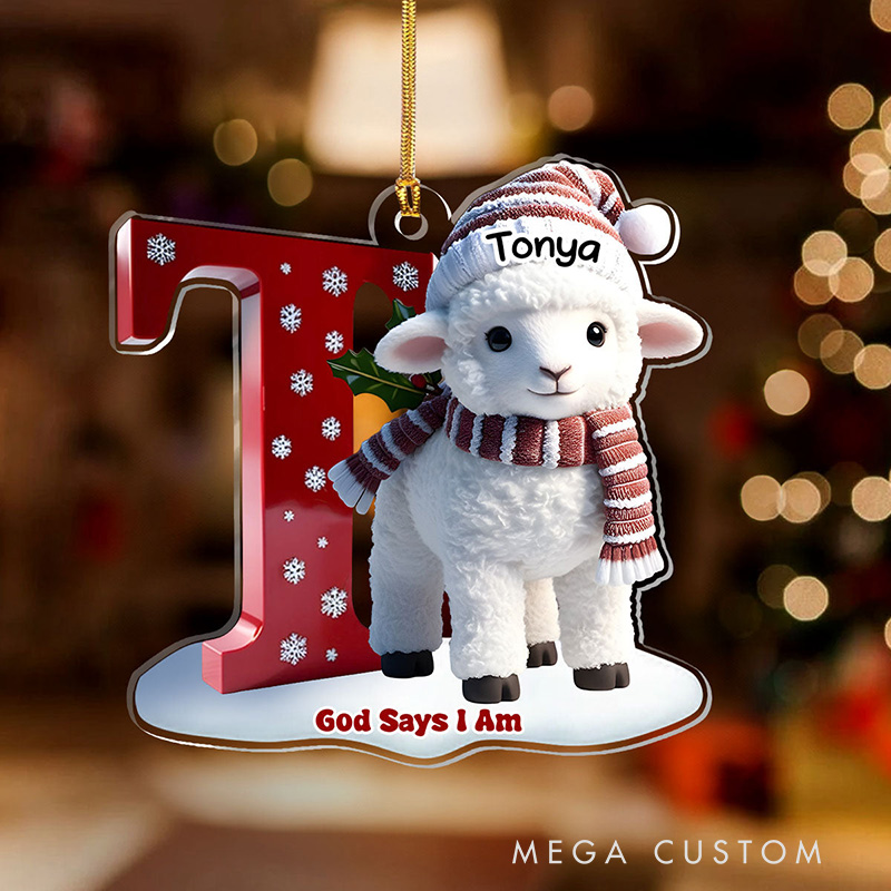 Personalized God Says I am Lamb Acrylic Ornament with Name and Initial Holiday Tree Decor Christmas Gift for Christian