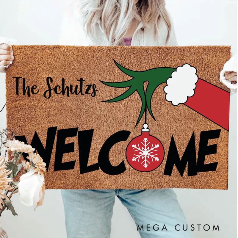 Personalized Green Welcome Christmas Door Mat Funny Holiday Welcome Mat With Santa Hat Green Inspired Doormat Cute Christmas Entry Rug Xmas Porch