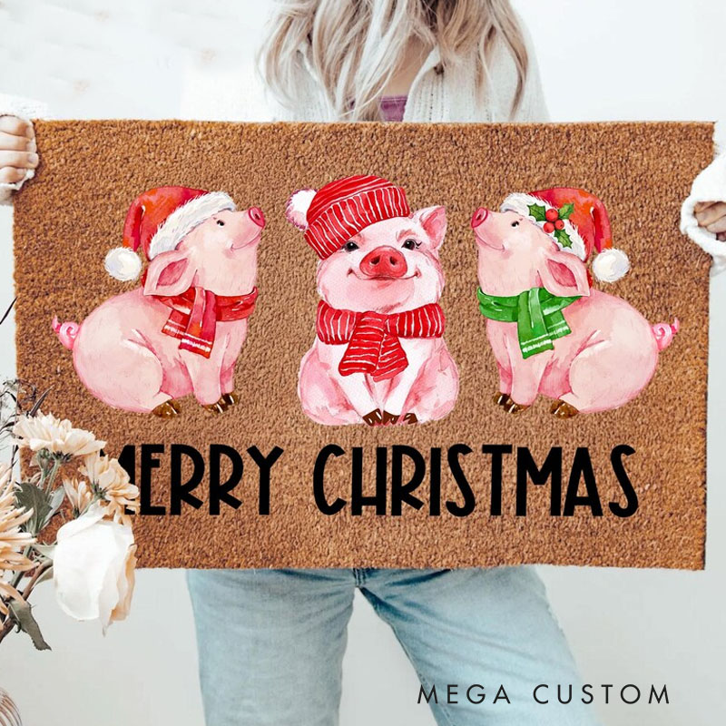 Personalized Merry Christmas Pig Door Mat Cute Holiday Doormat with Pigs Funny Xmas Entry Rug Christmas Farmhouse Decor Winter Porch Mat Xmas Doormat