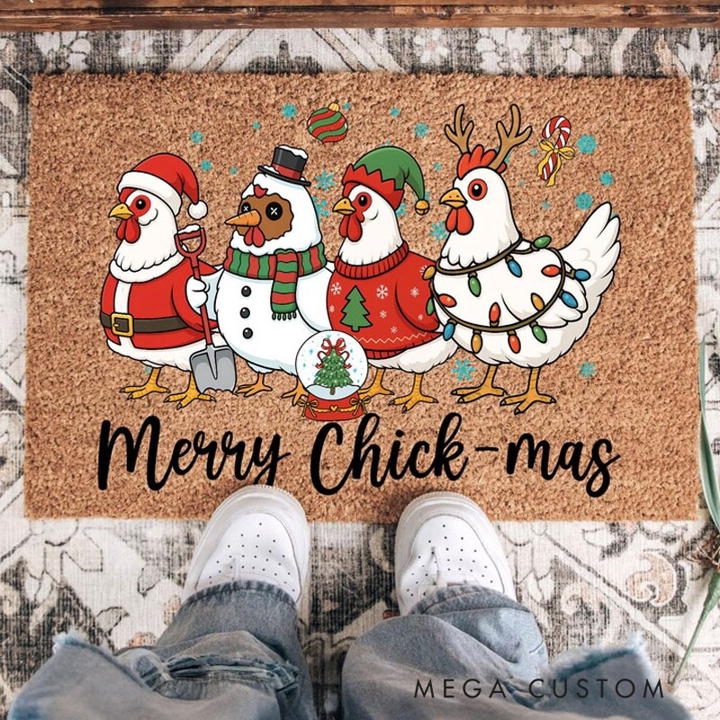 Personalized Merry Chick-mas Doormat Funny Christmas Chicken Mat Farmhouse Holiday Entry Rug Cute Xmas Porch Decor Farm Animal Gift Chicken Lover