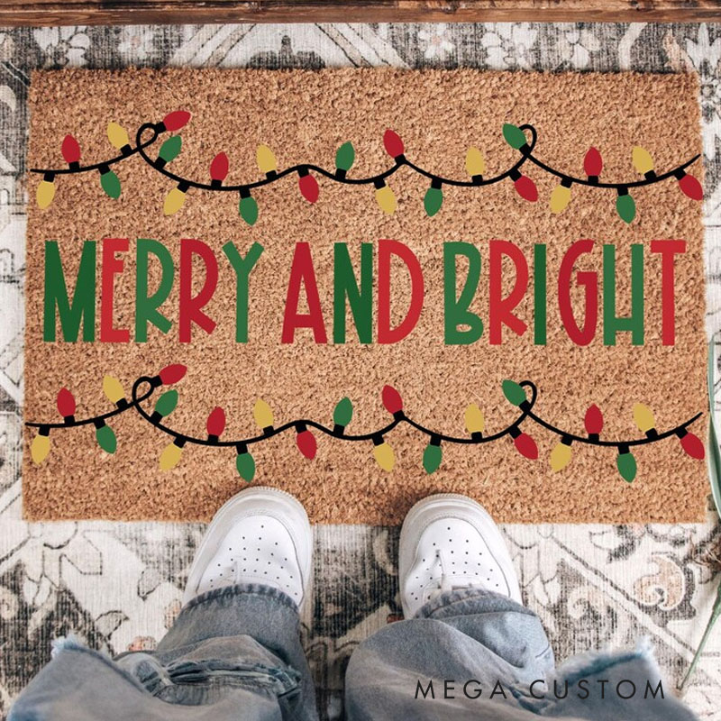 Personalized Merry and Bright Door Mat for New Home Housewarming Gift Custom Christmas Floor Mat Festive Outdoor Entrance Rug for Front Porch Decor
