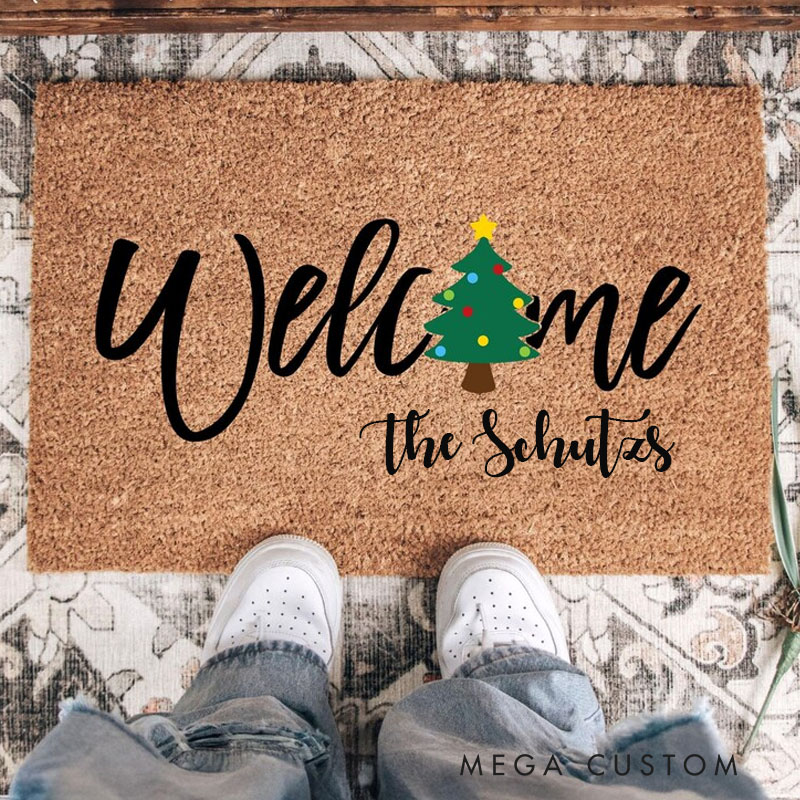 Personalized Christmas Tree Welcome Doormat Welcome Xmas Trees Holiday Doormat Festive Front Porch Welcome Mat Outdoor Entryway Rug Doormat