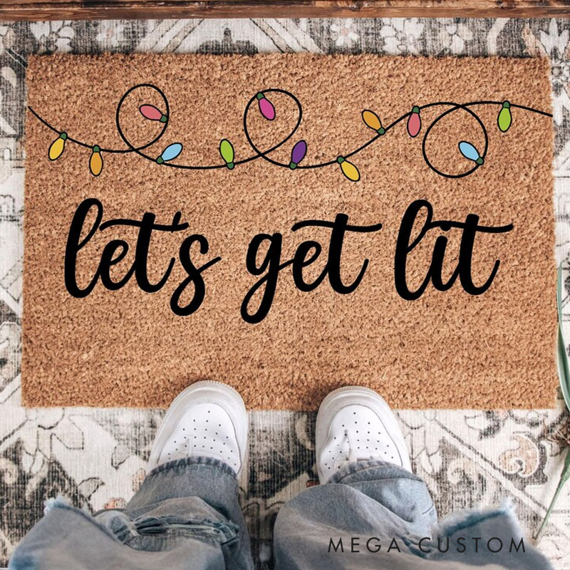 Personalized Let’s Get Lit Christmas Doormat with Colorful Holiday Lights Funny Xmas Front Porch Mat Festive Party Welcome Rug Holiday Entryway Decor