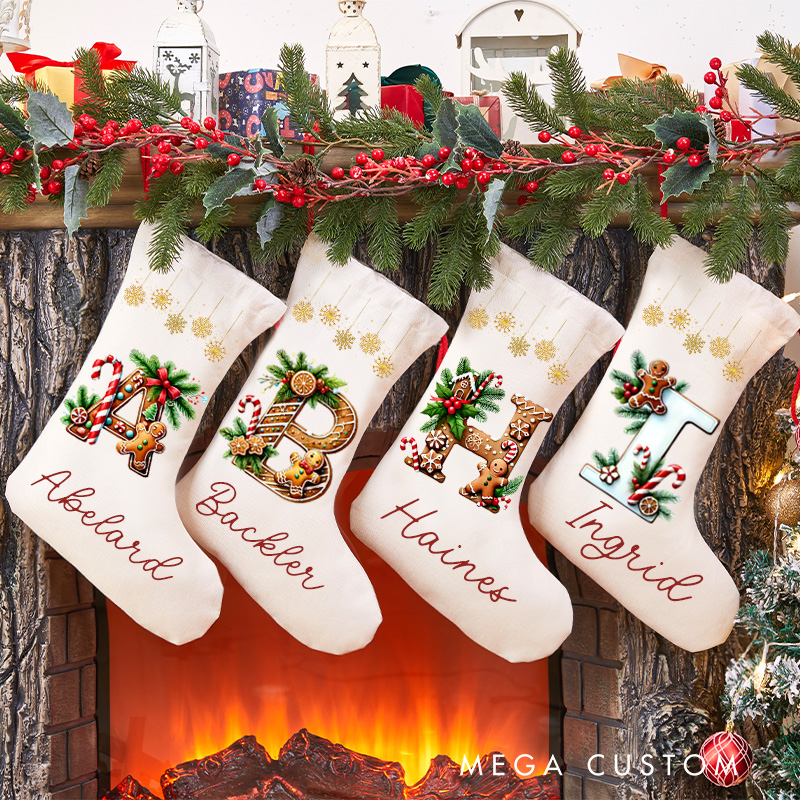 Personalized Gingerbread Alphabet Christmas Stocking with Name Family Name Stocking Cookie Letters Stocking for Kids Christmas Gift for Baking Lovers