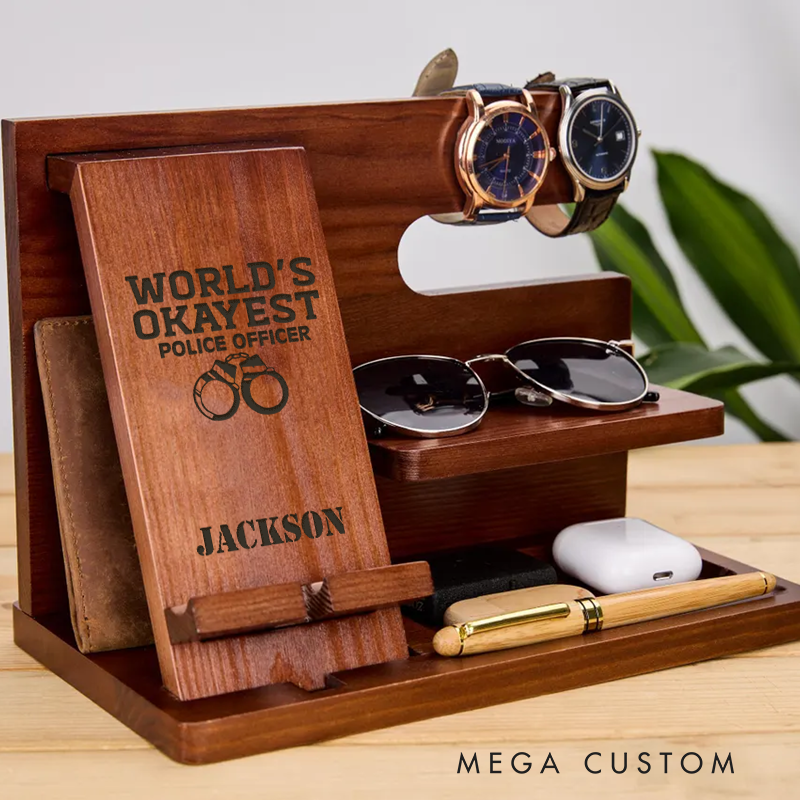 Personalized World's Okayest Police Officer Wooden Docking Station Engraved Organizer for Watches Wallet Sunglasses and Accessories