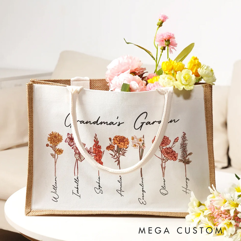 Personalized Birth Flowers Garden Jute Tote Bag with Names Birthday Mother's Day Gift for Woman Gardening Lovers Gift 