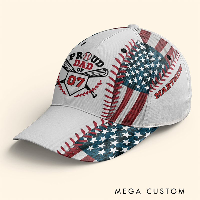 Personalized Proud Dad Baseball Cap with American Flag and Custom Details