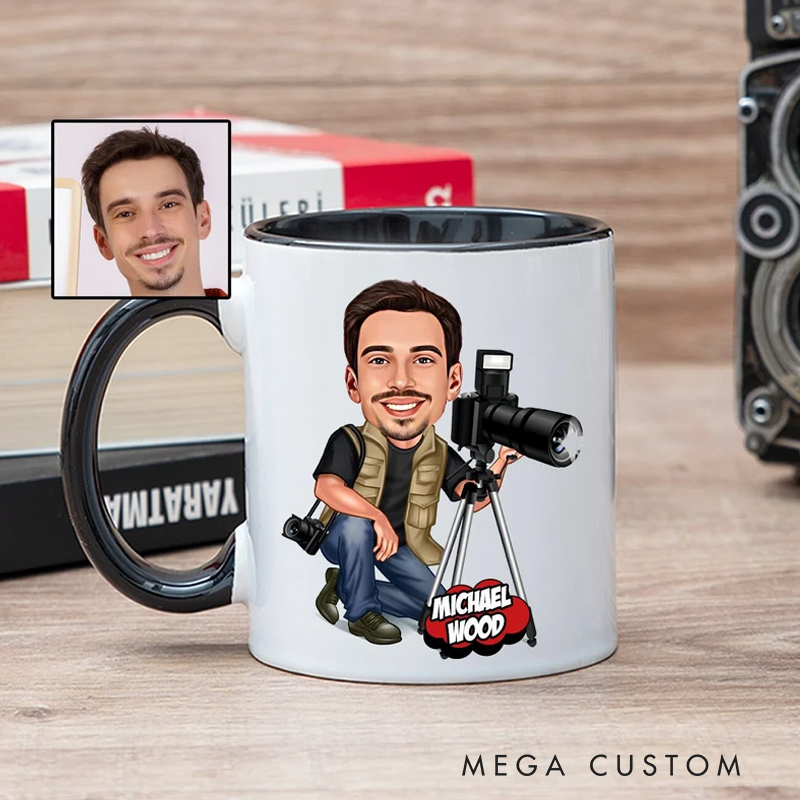 Personalized Photographer Coffee Mug With Caricature From Photo Funny Photographer Gift for Men and Women Photographer Camera Themed Gift Ideas