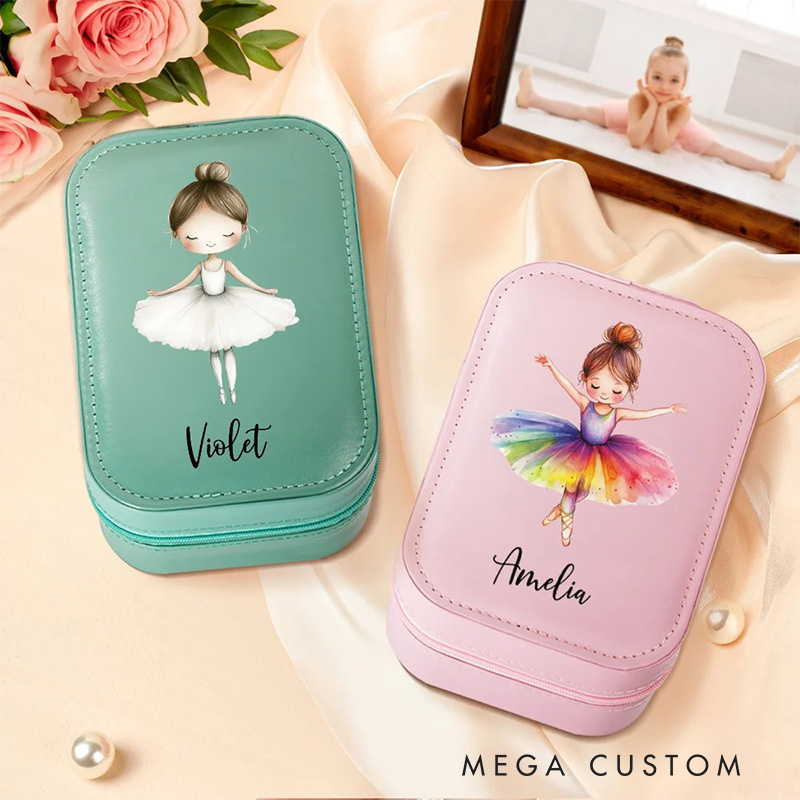 Personalized Cartoon Ballerina Girl Leather Jewelry Box with LED Makeup Mirror Hair Pin Case Birthday Wedding Gift for Women