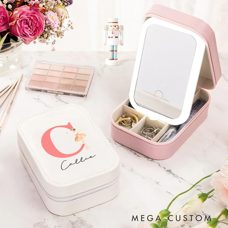 Personalized Classic Fairy Tale Character Leather Jewelry Box with LED Makeup Mirror Hair Pin Case Birthday Wedding Gift for Women