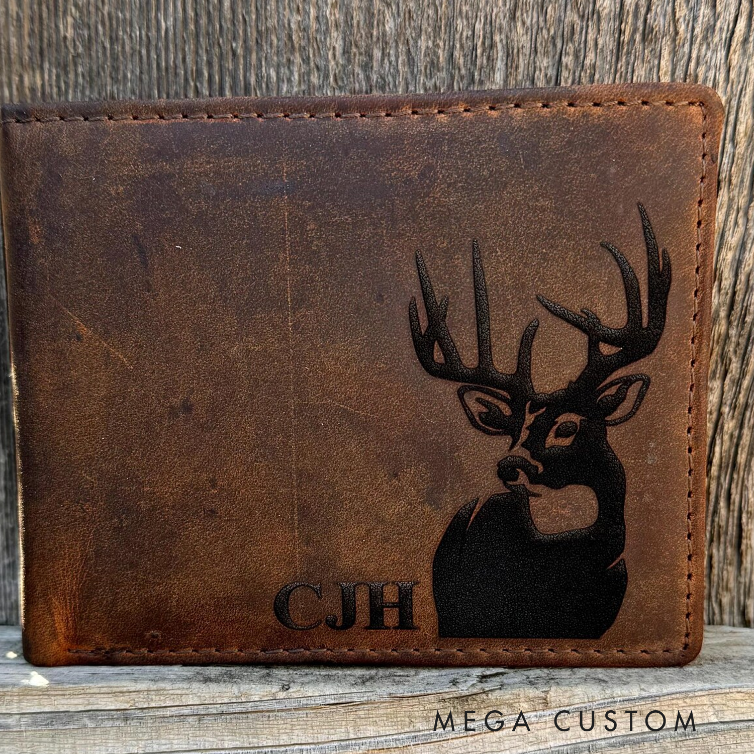 Personalized Mens Crazy Horse Leather Wallet with Deer Hunting Design Mens Rustic Leather Deer Wallet Custom Gift for Dad Husband
