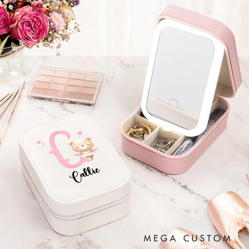 Personalized Cute Animal Ballerina Leather Jewelry Box with LED Makeup Mirror Hair Pin Case Birthday Wedding Gift for Women