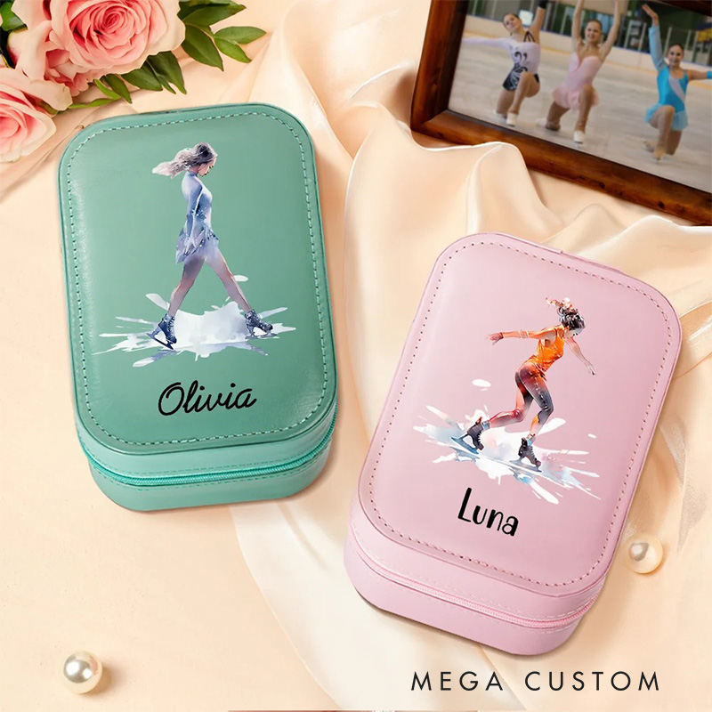 Personalized Cartoon Skating Girl Leather Jewelry Box with LED Makeup Mirror Hair Pin Case Birthday Wedding Gift for Women
