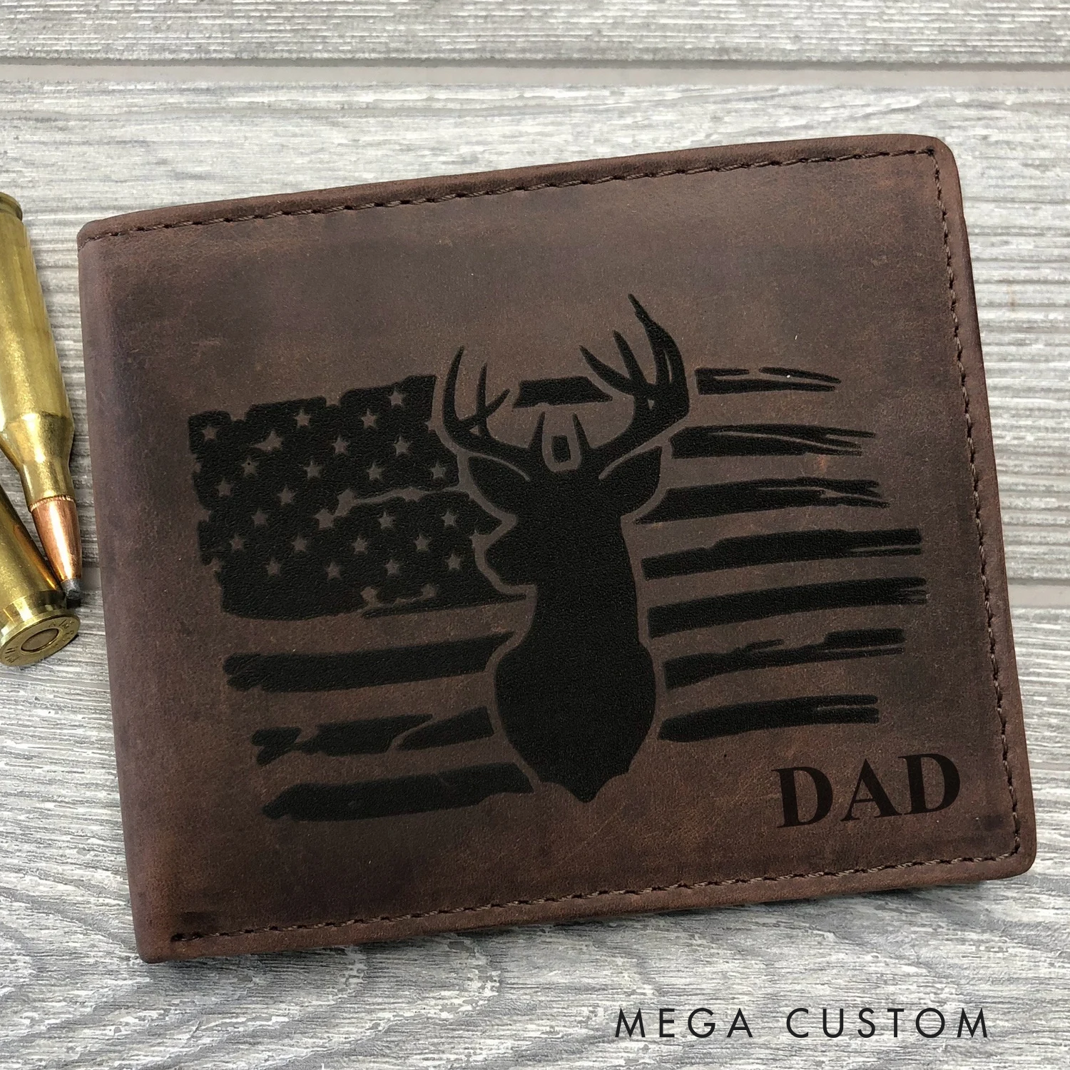 Personalized Leather Wallet Deer Hunting Flag Wallet Custom Mens Crazy Horse Leather Wallet Gift for Hunting Husband
