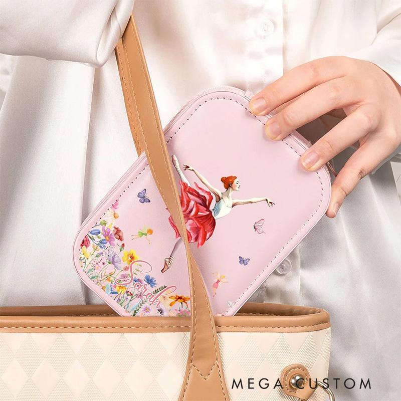 Personalized Birth Flower Butterfly Ballet Girl Leather Jewelry Box with LED Makeup Mirror Hair Pin Case Birthday Wedding Gift for Women