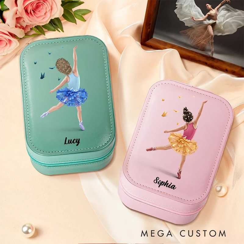 Personalized Cartoon Ballet Girl Leather Jewelry Box with LED Makeup Mirror Hair Pin Case Birthday Wedding Gift for Women