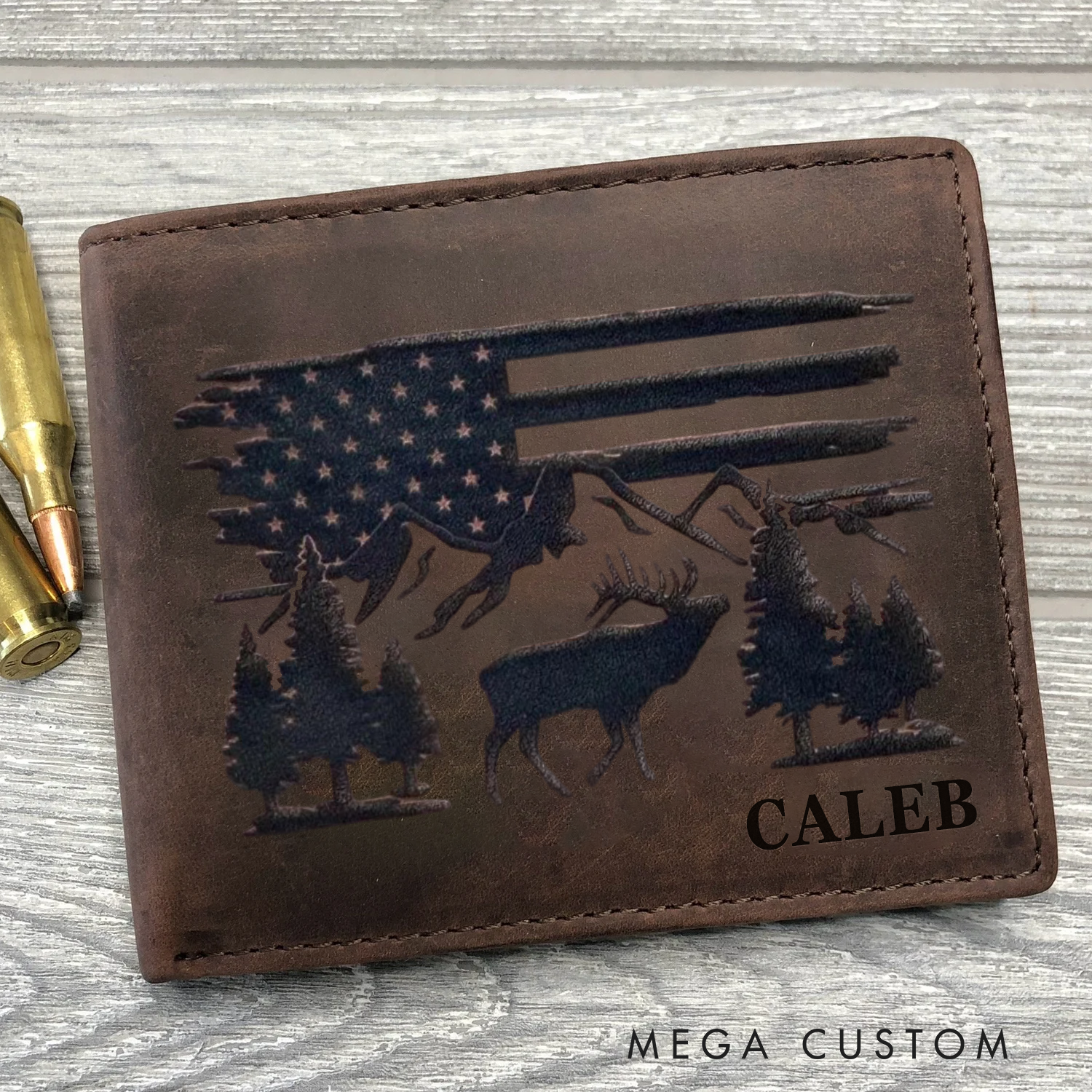 Personalized Elk Hunting Leather Wallet Engraved Mens Crazy Horse Leather Wallet for Him Husband Boyfriend