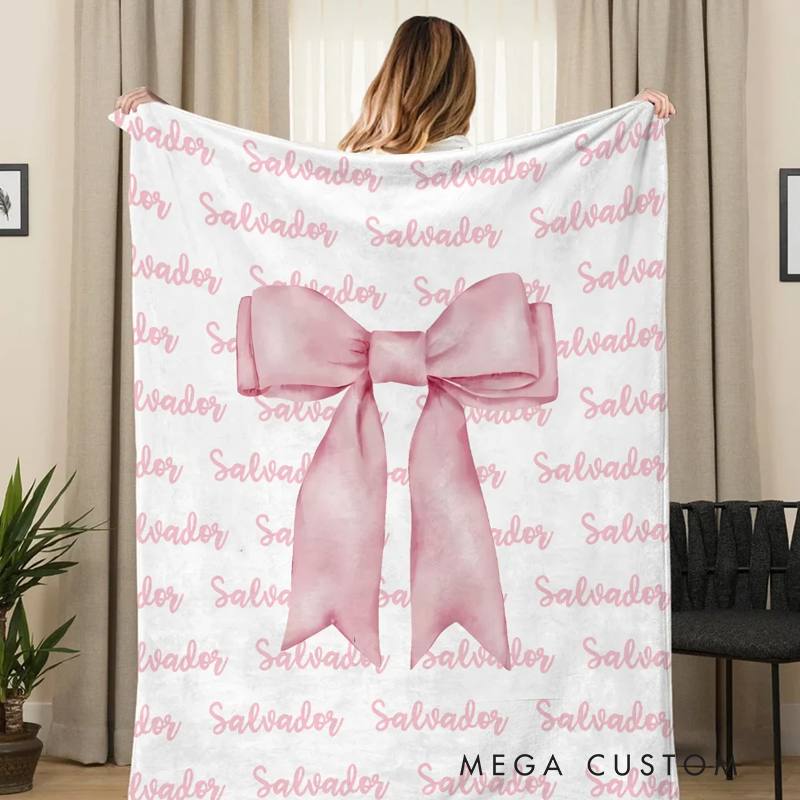 Personalized Girly Pink Coquette Bow Soft Throw Blanket with Repeating Names Trendy Home Decor Birthday Gift for Women Girls