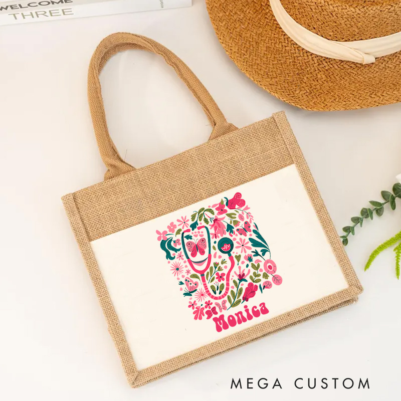 Personalised Nurse Burlap Tote Bags Floral Stethoscope Design Perfect Gift for Yourself or a Loved One