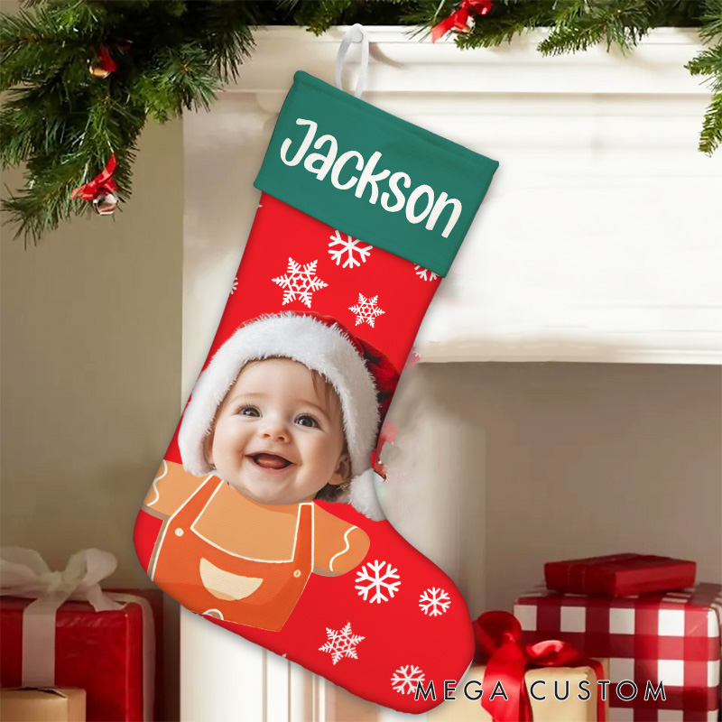 Personalized Cute Snowflake Snowman Christmas Stocking with Photo Name Christmas Tree Decor Gift for Family Friends