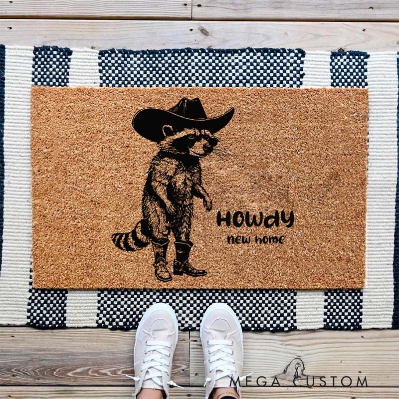 Personalized Howdy Racoon Cowboy Funny Doormat Western Decor Funny Coir Door Mat Welcome Mat Funny Housewarming Wedding Gift New Home Gift for Home
