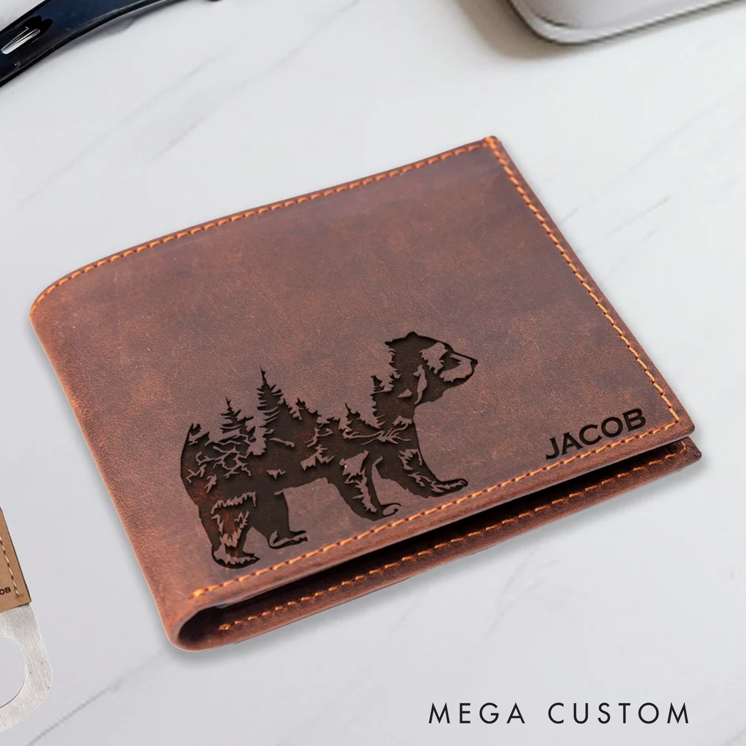 Personalized Grizzly Bear Leather Wallet Custom Wallet Name for Men Hunting Gift for Men Husband Father