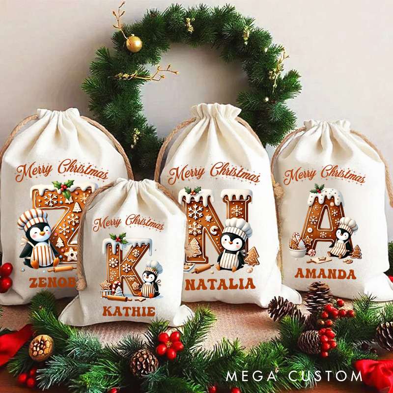 Personalized Gingerbread Penguin Alphabet Christmas Bag with Name Gingerbread Christmas Sack Holiday Santa Sack for Baking Lovers Christmas Gift