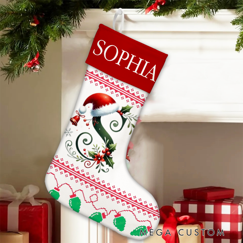 Personalized Bell Santa Hat Initial Christmas Stocking with Name Text Christmas Party Gift